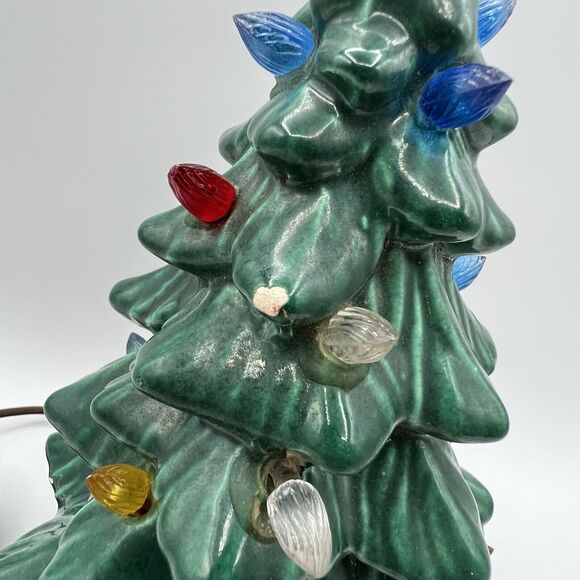Vintage Green Ceramic Christmas Tree Lighted 10" One Piece Base Kitsch 70s - Picture 4 of 12